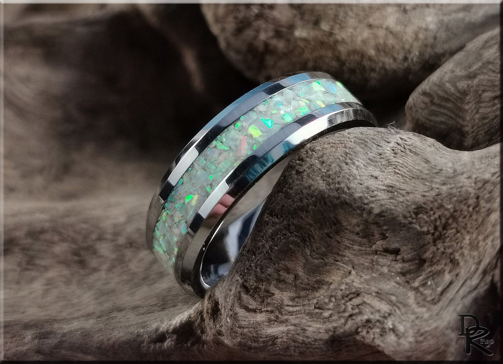 Silver band ring opal with vibrant green and blue opal inlay by DR Rings
