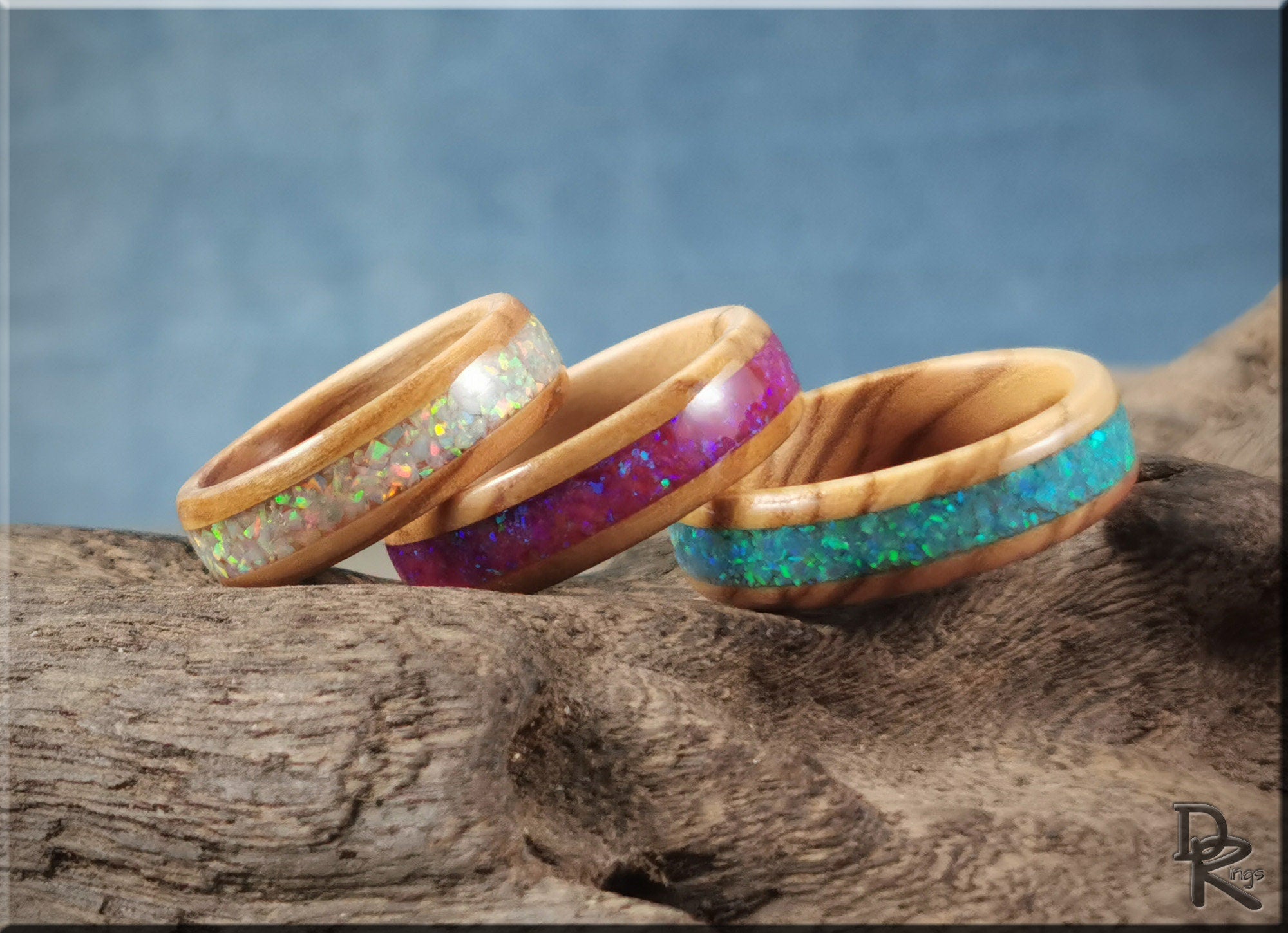 DR Rings wood band rings with colorful inlay featuring ring opal gemstones in white purple and blue