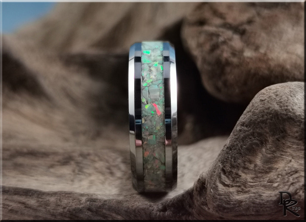 DR Rings silver band ring opal inlay with multicolor shimmering stones on textured surface