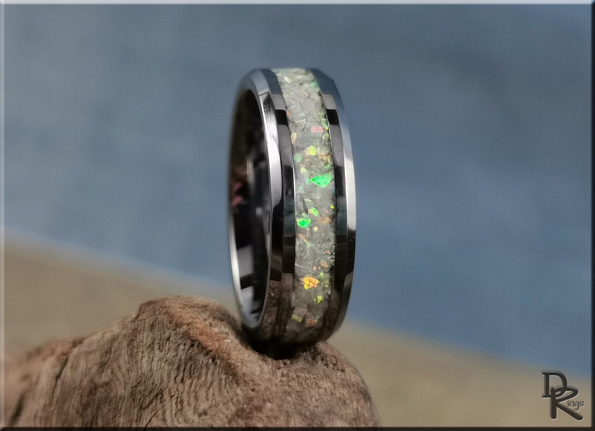 DR Rings ring opal with iridescent inlay and polished black metal band