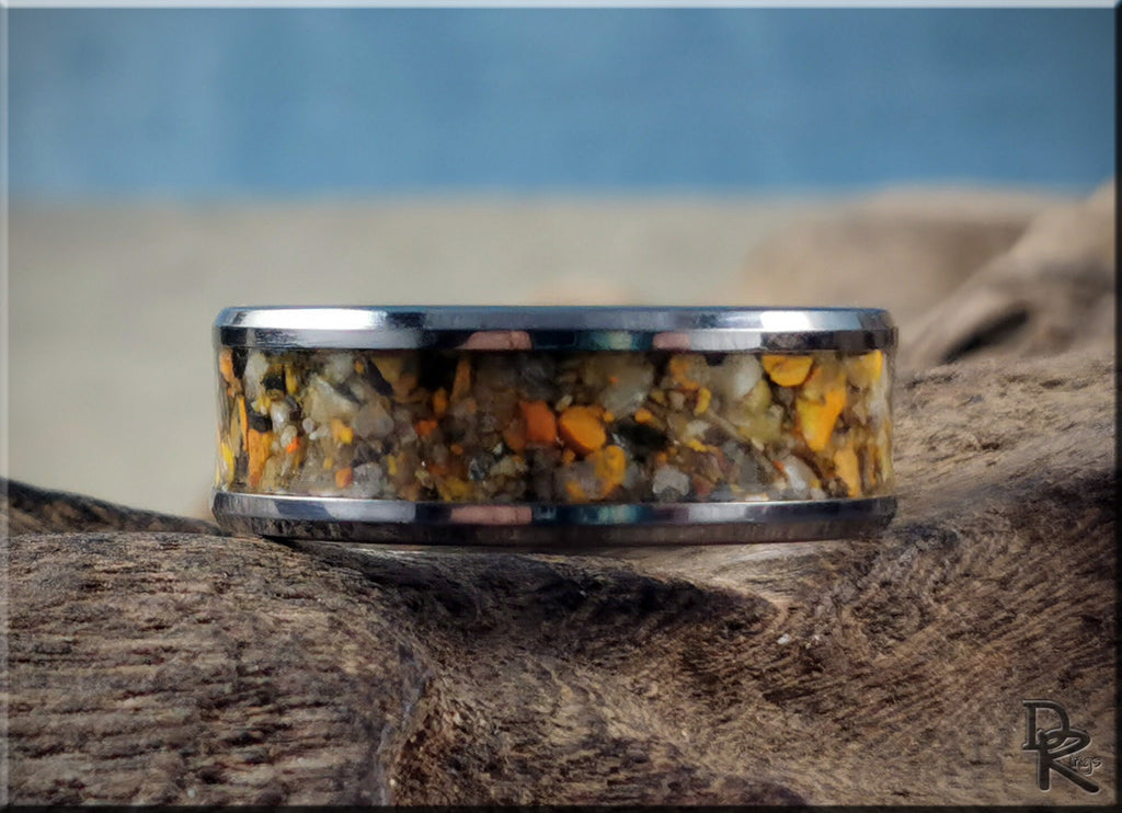 DR Rings tungsten ring with jasper inset featuring multicolor stone details and polished metal edges