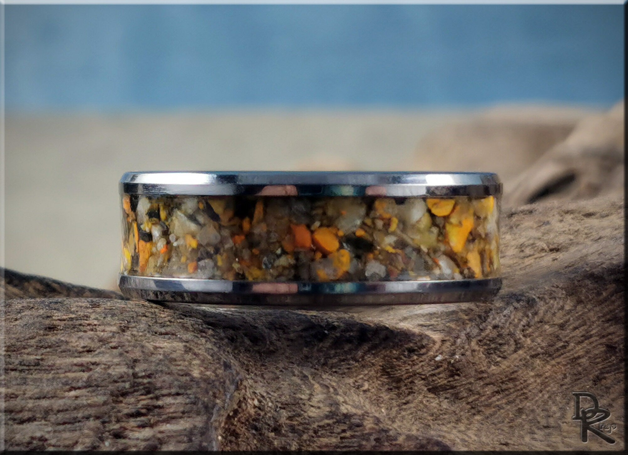 DR Rings tungsten ring with jasper inset featuring multicolor stone details and polished metal edges