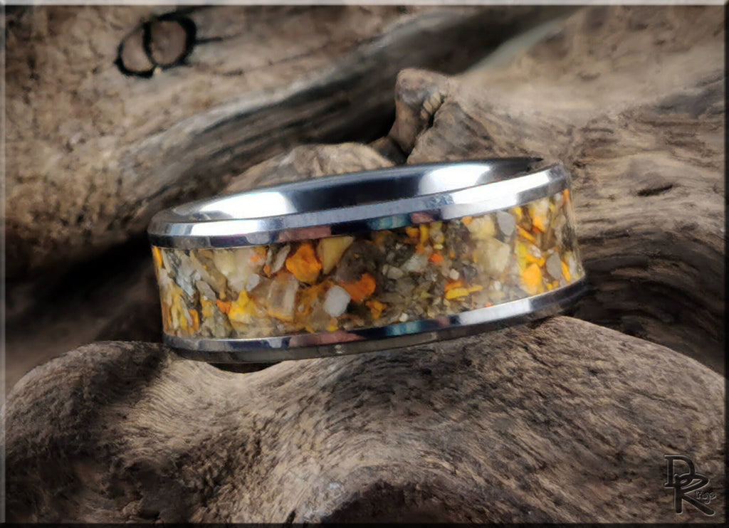 Tungsten ring with jasper inlay featuring colorful natural stone design by DR Rings