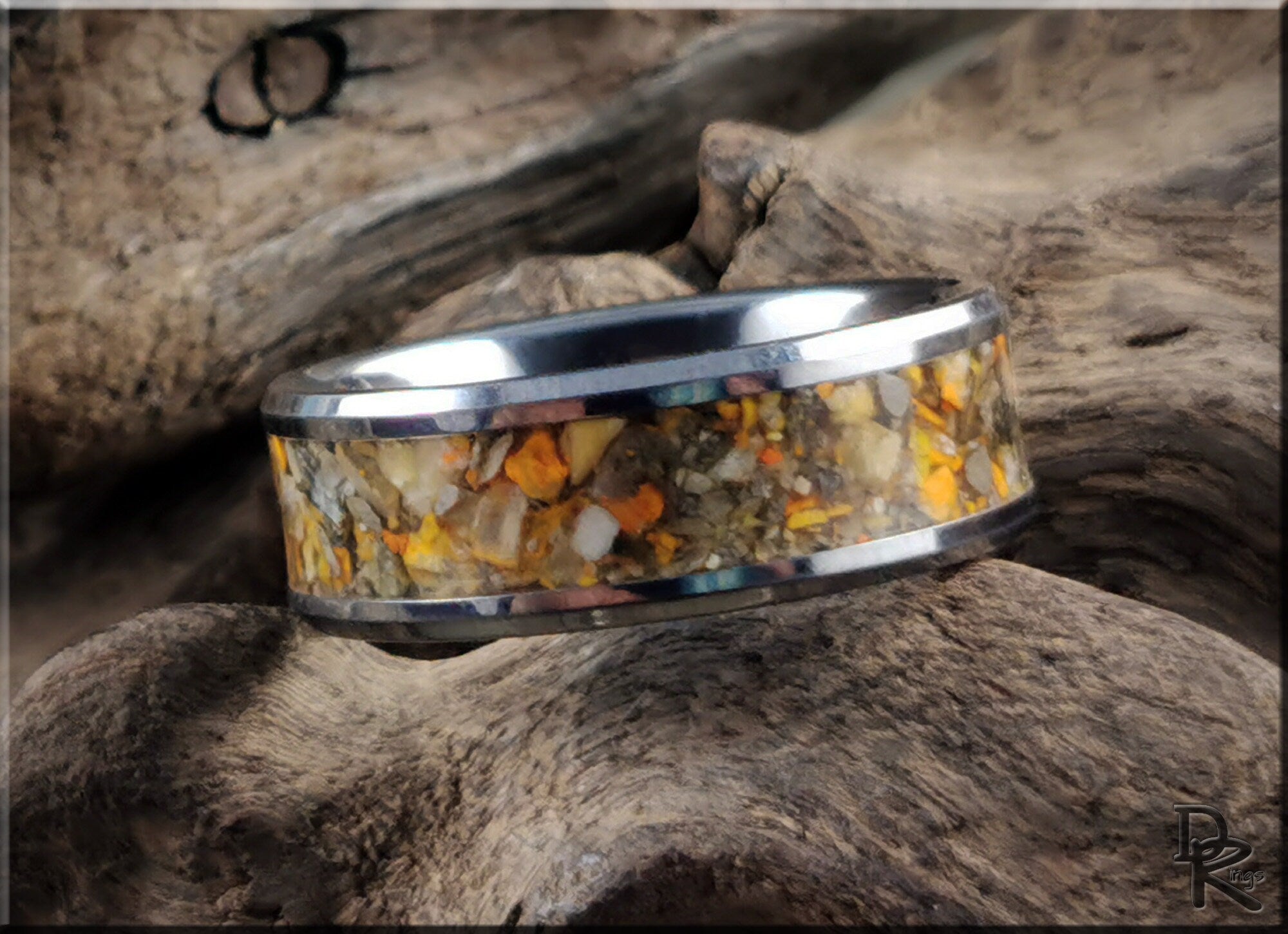 Tungsten ring with jasper inlay featuring colorful natural stone design by DR Rings