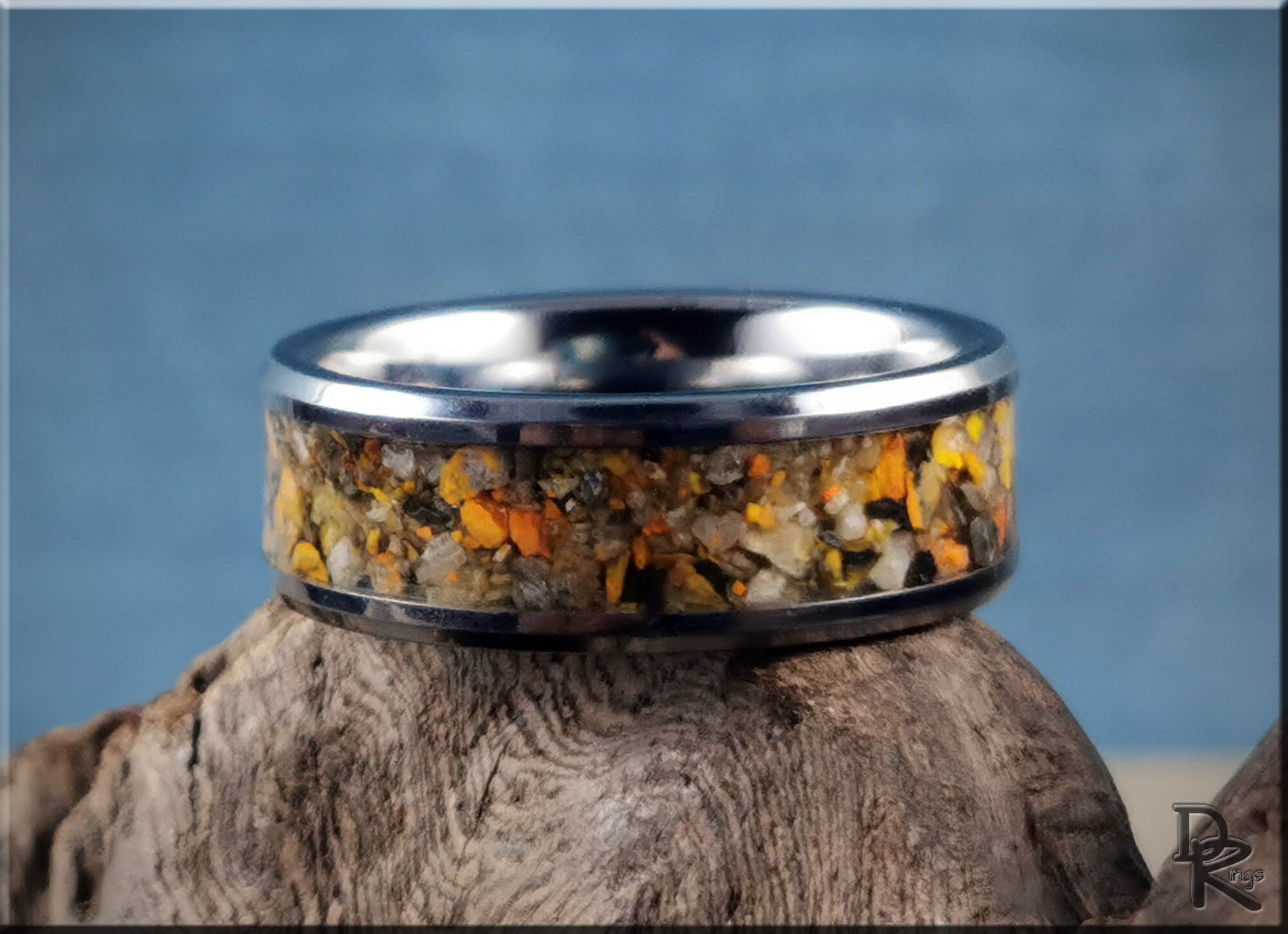 Tungsten ring with jasper stones inlay showcasing natural yellow and orange hues by DR Rings