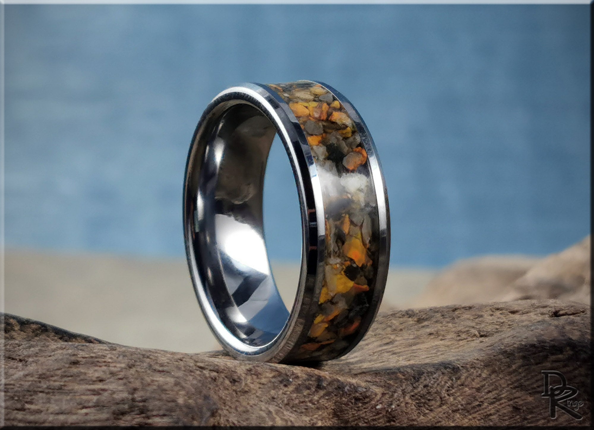 DR Rings tungsten ring with jasper featuring polished metal band and amber jasper stone inlay