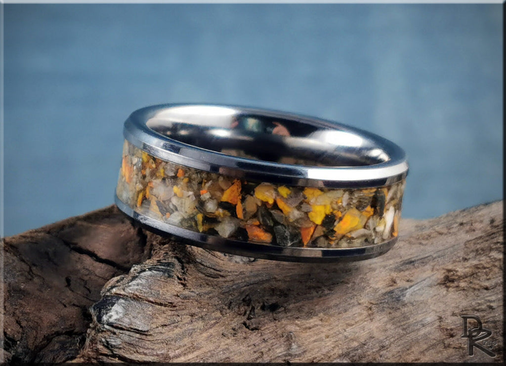 Tungsten ring with jasper inlay featuring earthy tones on a polished metal band by DR Rings