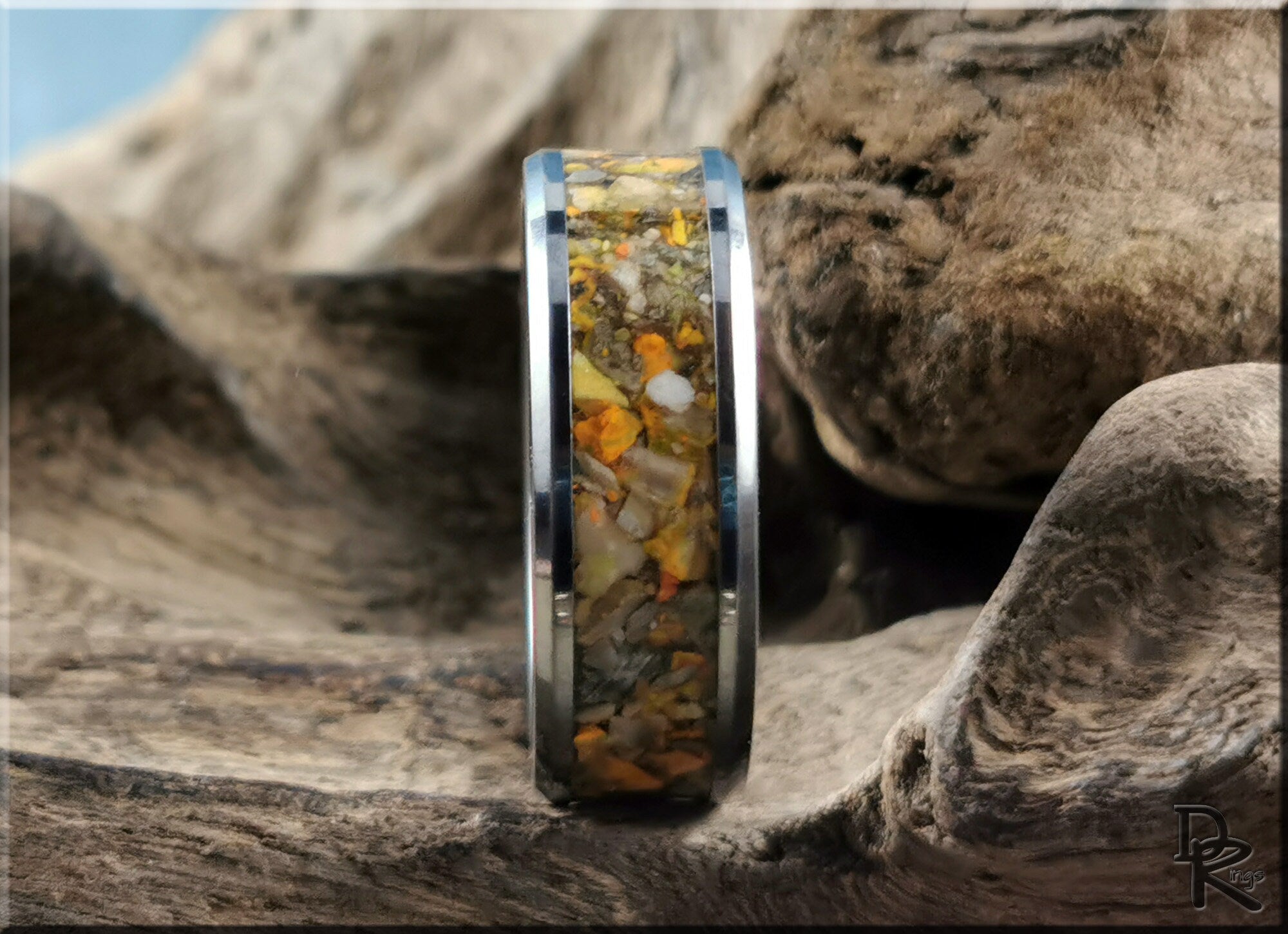Tungsten ring with jasper inlay featuring a mix of orange and brown tones from DR Rings