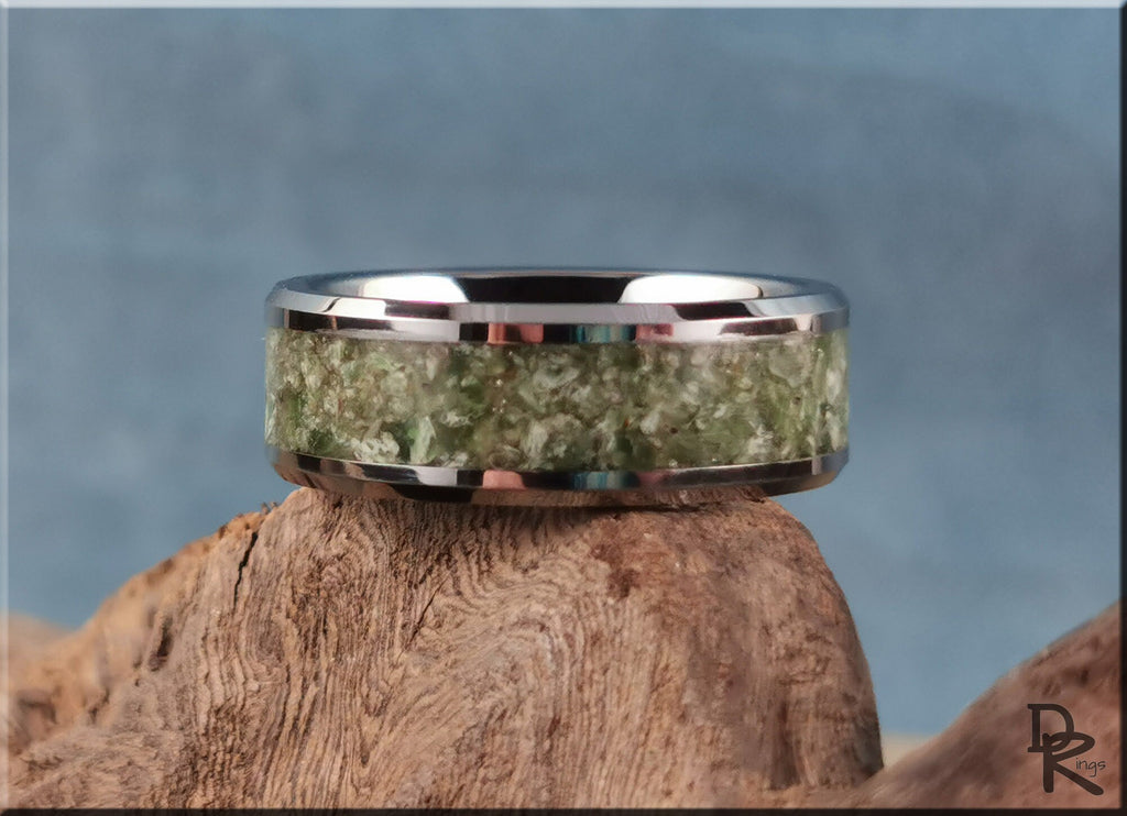 DR Rings tungsten ring with jade inlay featuring polished silver edges on rustic wood