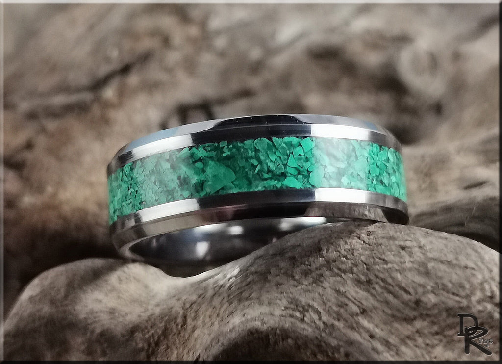 DR Rings tungsten ring with green malachite inlay featuring a polished silver band
