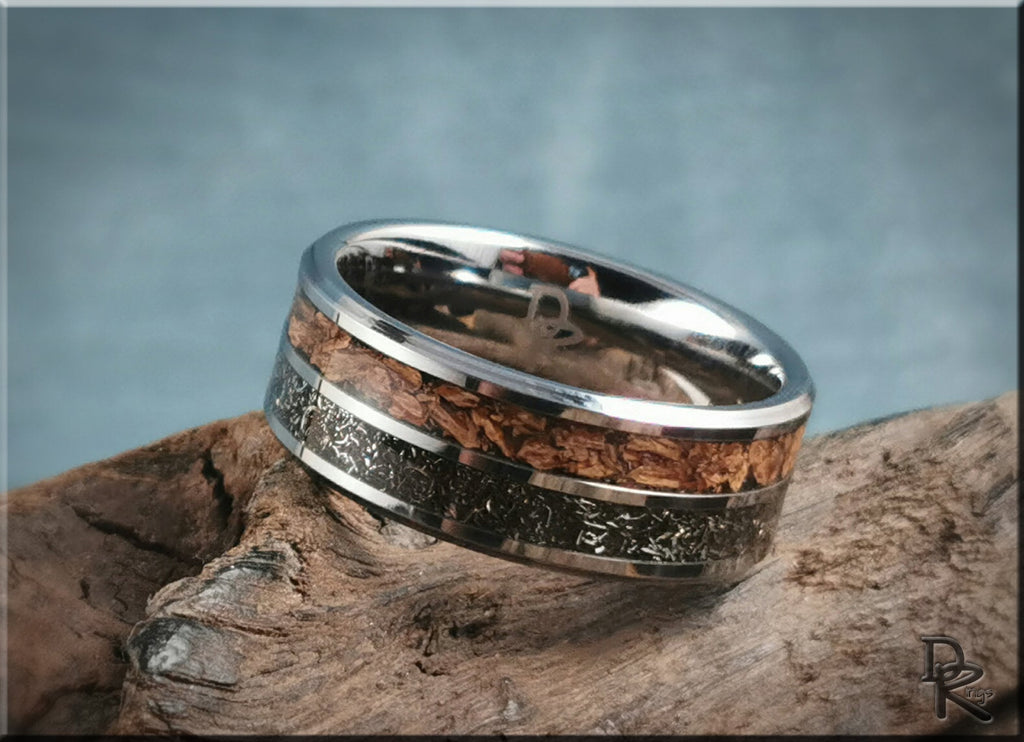 DR Rings tungsten ring with inlays featuring wood and black textured design on wood background