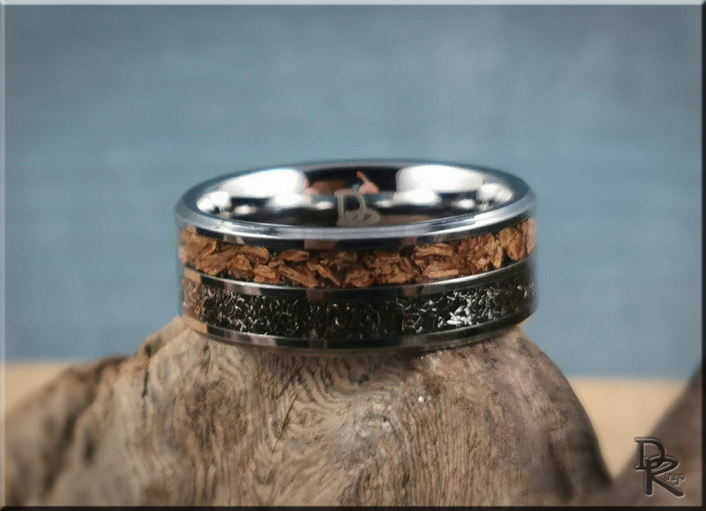 DR Rings tungsten ring with inlays featuring wood and black textured details on silver band