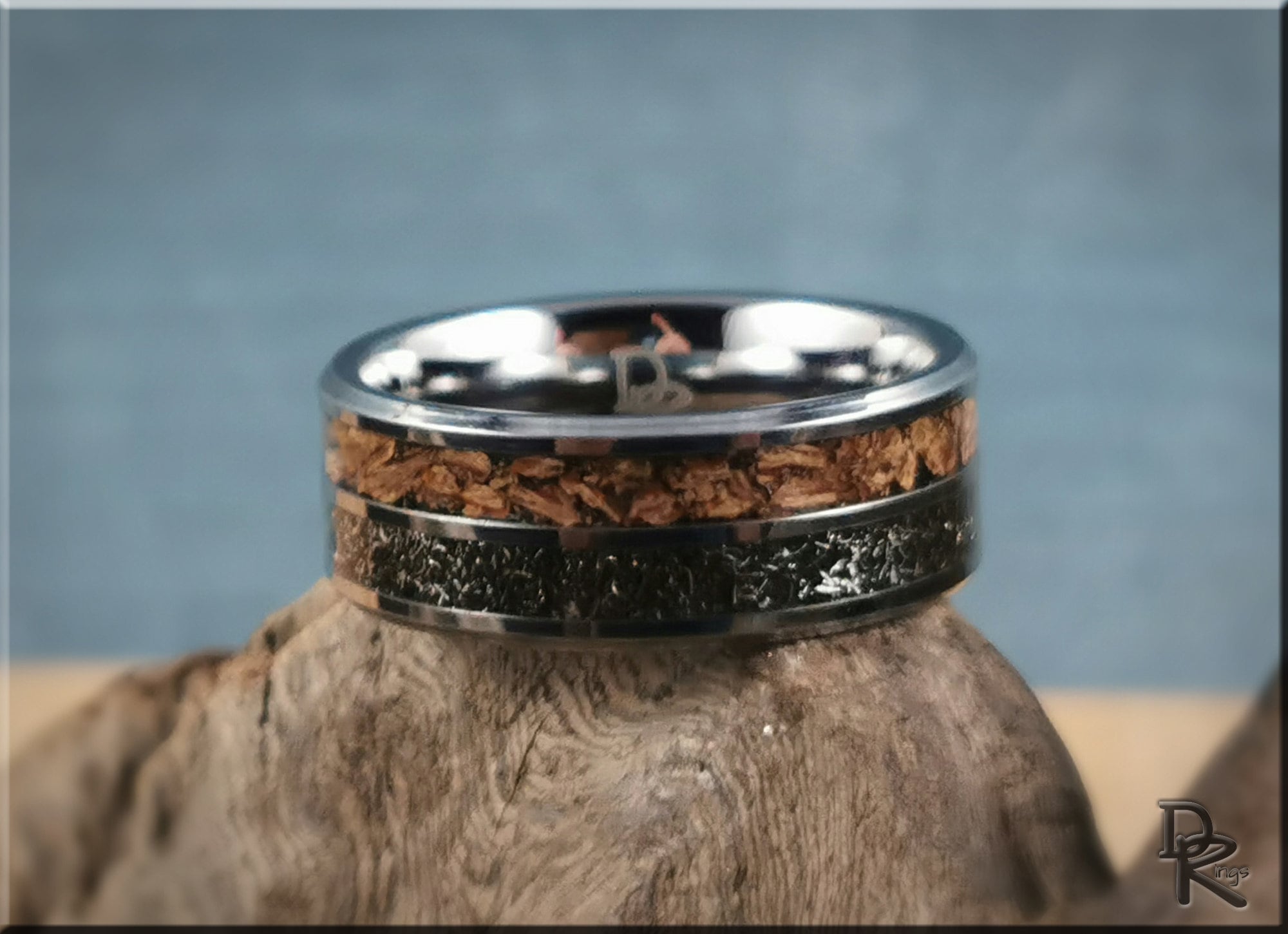 DR Rings tungsten ring with inlays featuring wood and black textured details on silver band