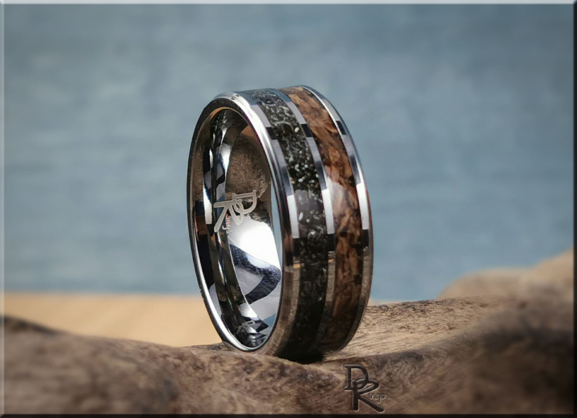 DR Rings tungsten ring with inlays featuring black carbon fiber and wood design on a silver band