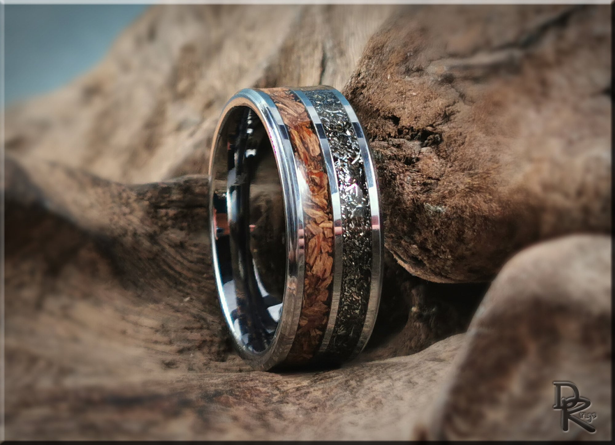 DR Rings tungsten ring with inlays featuring wood and meteorite design on silver band