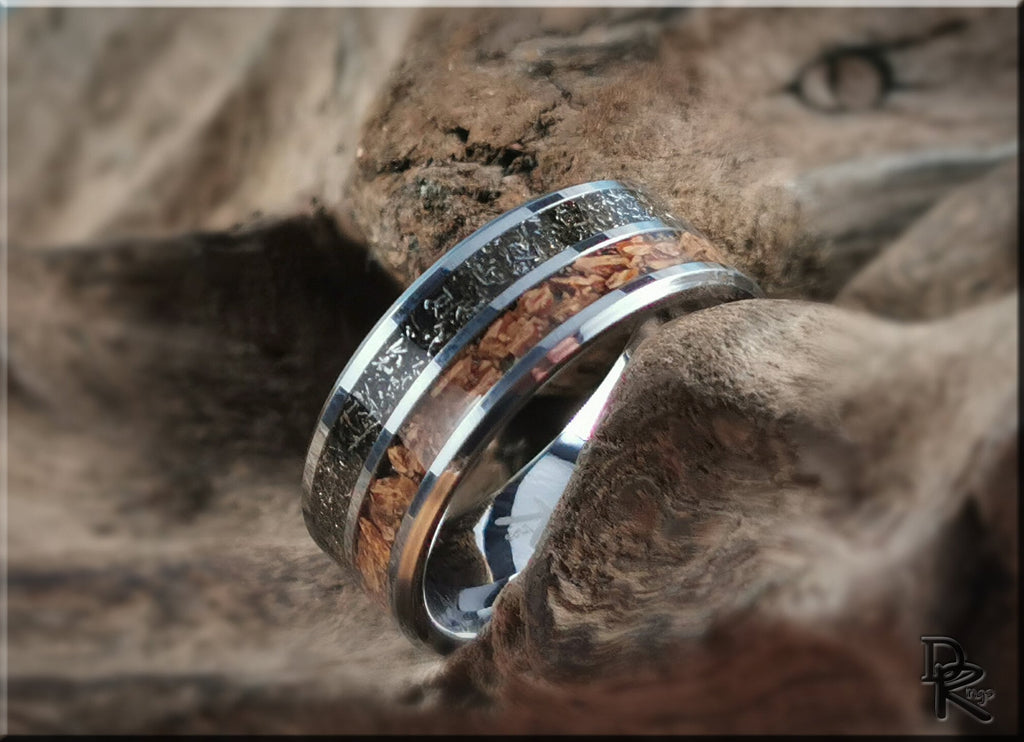DR Rings tungsten ring with inlays featuring wood and textured metal in a polished silver band