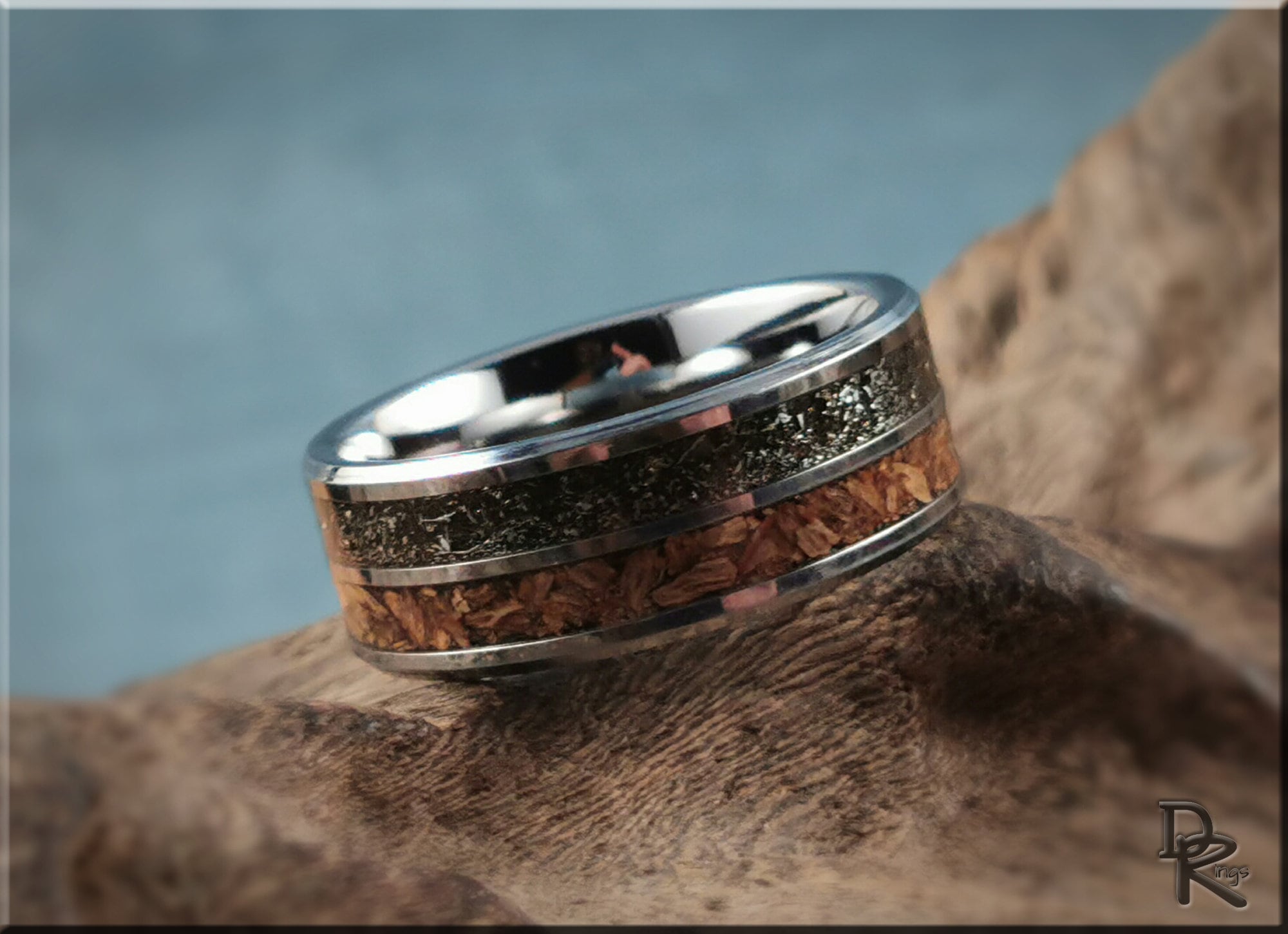 DR Rings tungsten ring with inlays featuring black and wood design on polished metal band