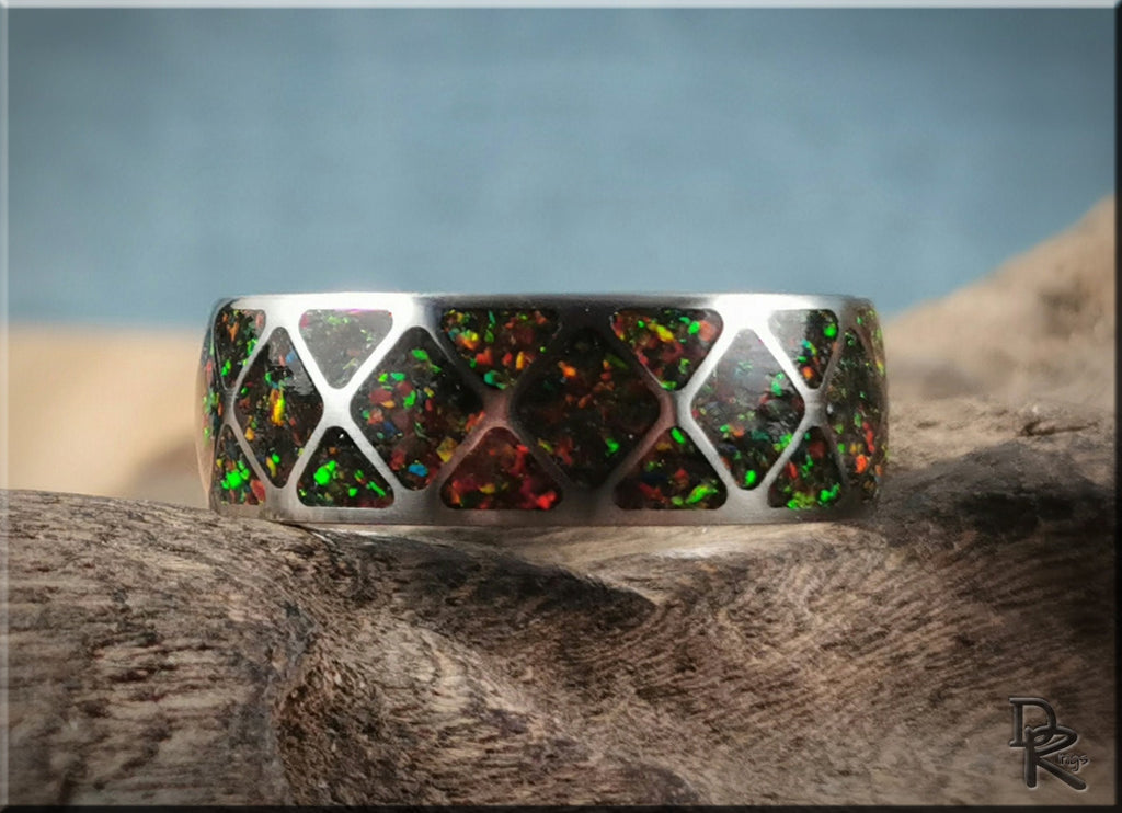 DR Rings titanium ring with opal inlay featuring multicolor opal pattern set in silver band