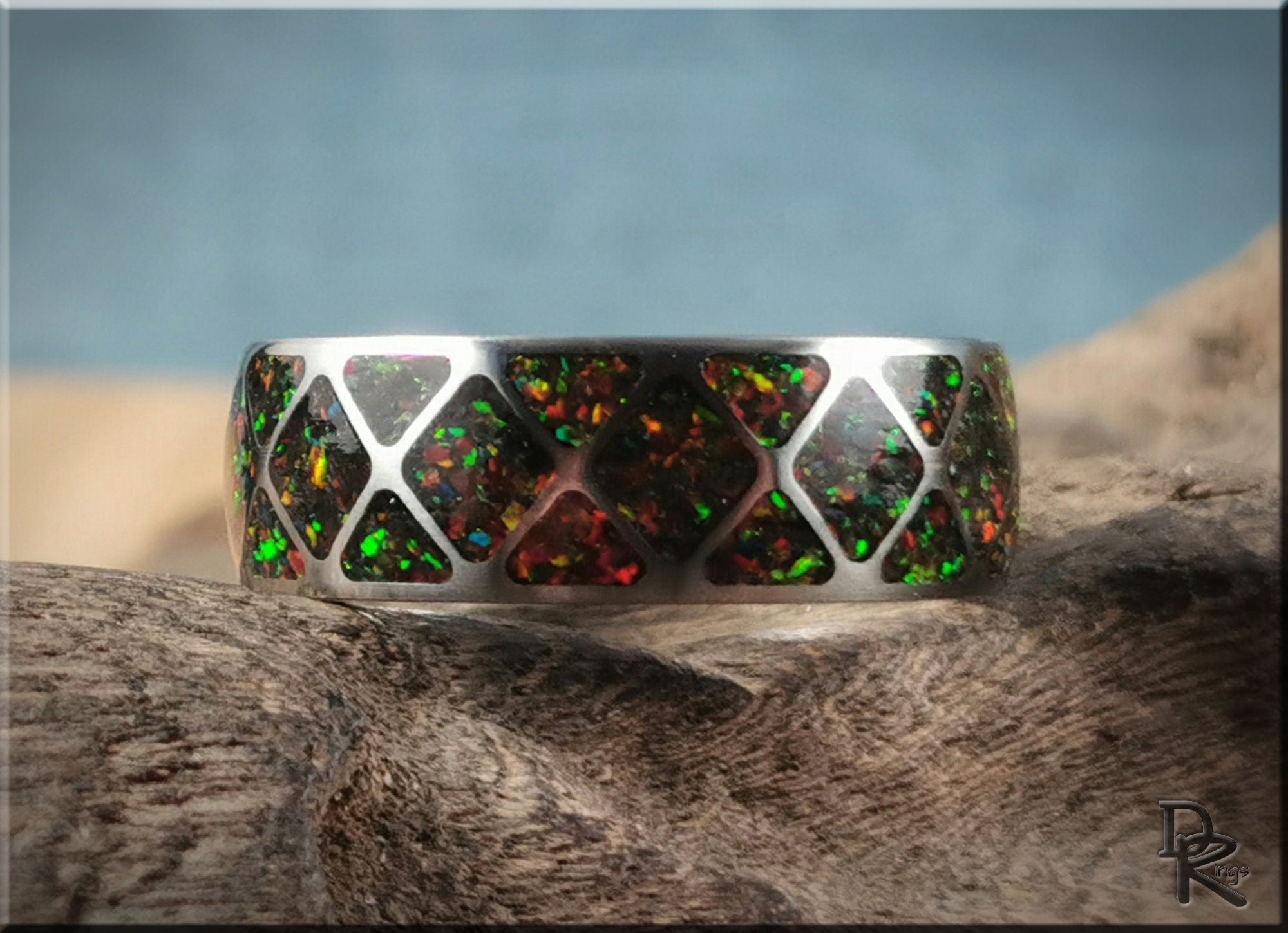 DR Rings titanium ring with opal inlay featuring multicolor opal pattern set in silver band