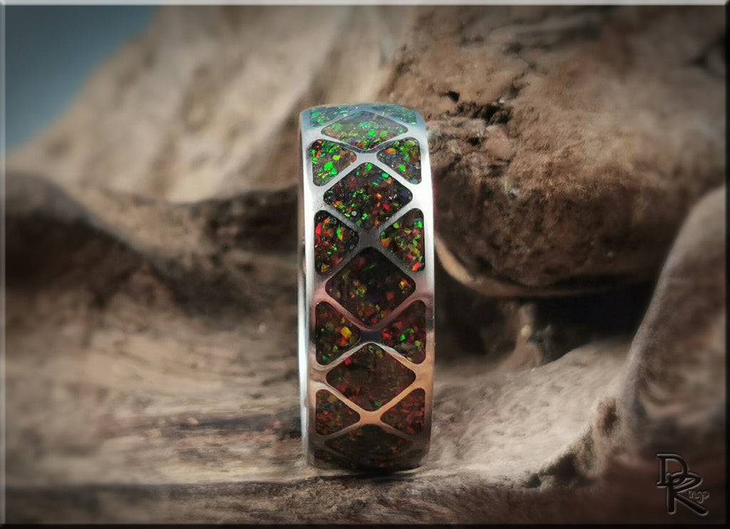 DR Rings titanium ring with opal inlay featuring vibrant multicolor opal segments in geometric pattern