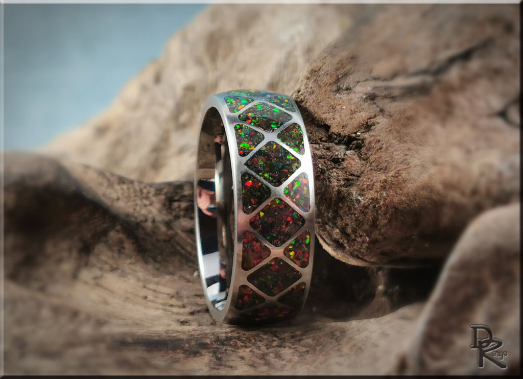 Titanium ring with opal inlay featuring colorful iridescent stones and geometric design by DR Rings