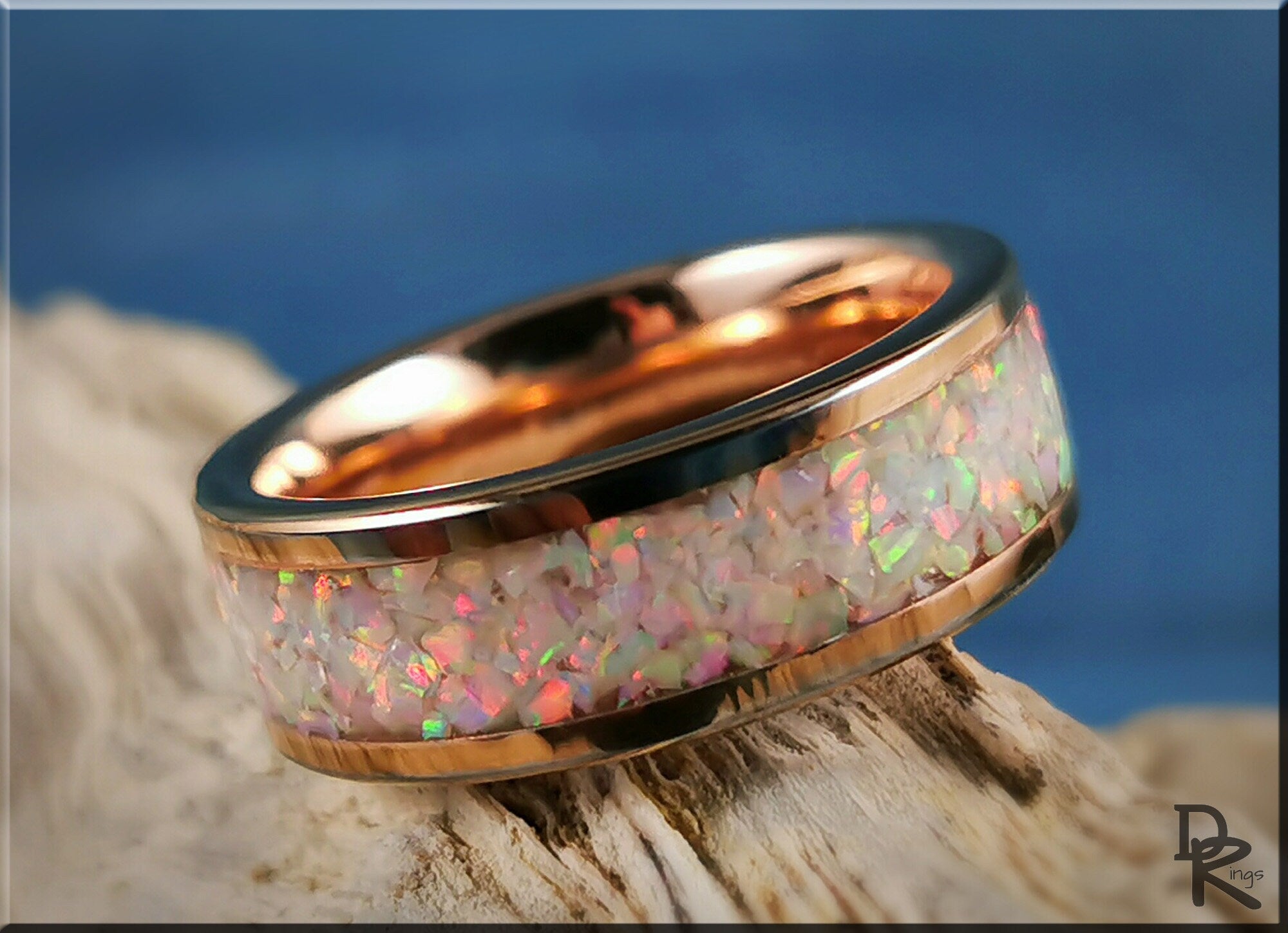 Rose gold ring with opal inlay featuring iridescent multicolor fragments by DR Rings