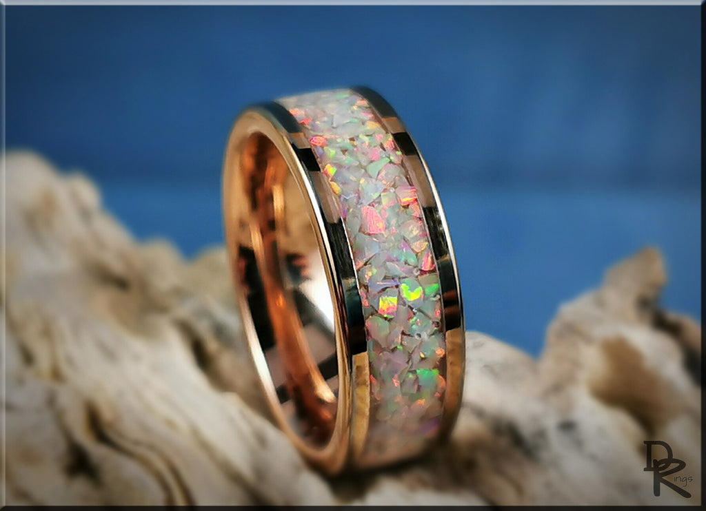 Rose gold ring with opal inlay showing colorful iridescent opal chips by DR Rings