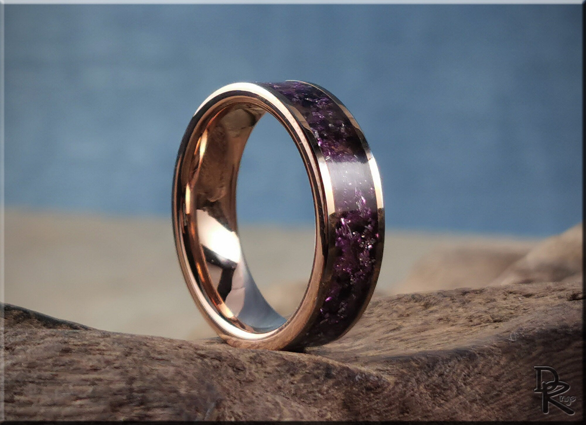 Rose tungsten ring with german glass featuring purple crushed stones and polished finish by DR Rings
