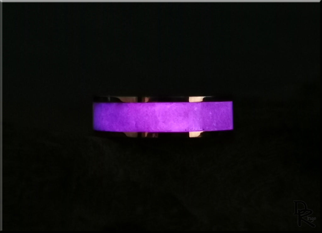 DR Rings rose tungsten ring with glow inlay glowing purple in dark background