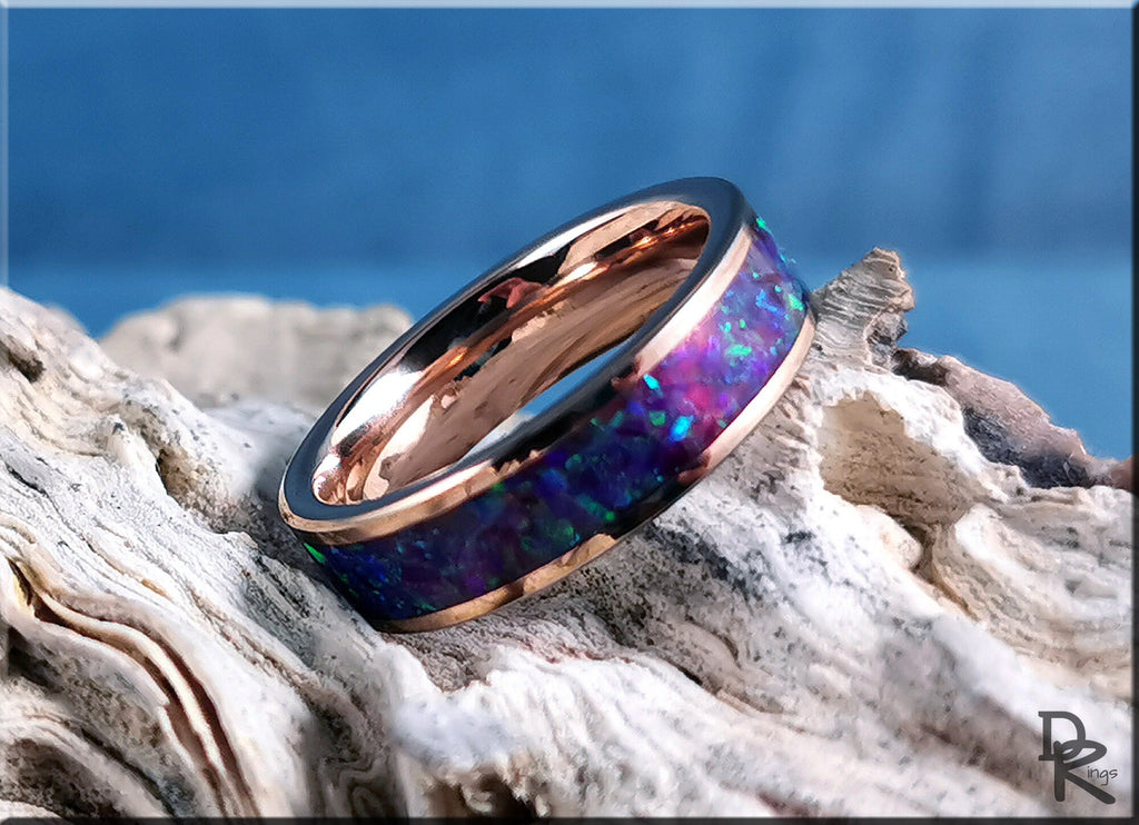 Rose tungsten ring with opal inlay featuring a vibrant blue and purple opal design by DR Rings