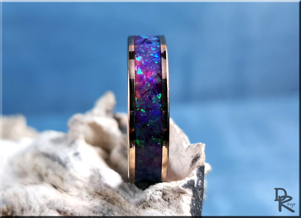 DR Rings rose tungsten ring with opal inlay featuring vibrant blue and purple colors