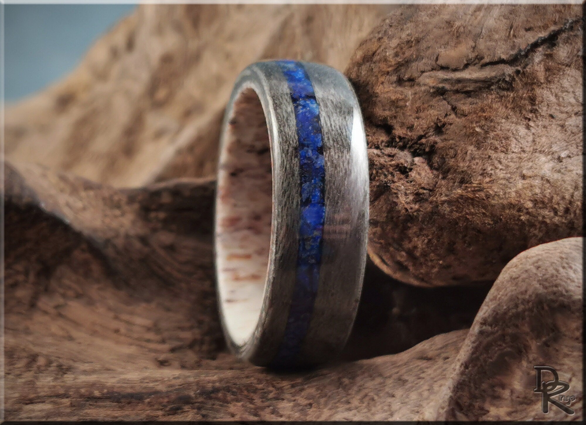 DR Rings men's band ring with blue lazuli lapis inlay and textured silver metal finish