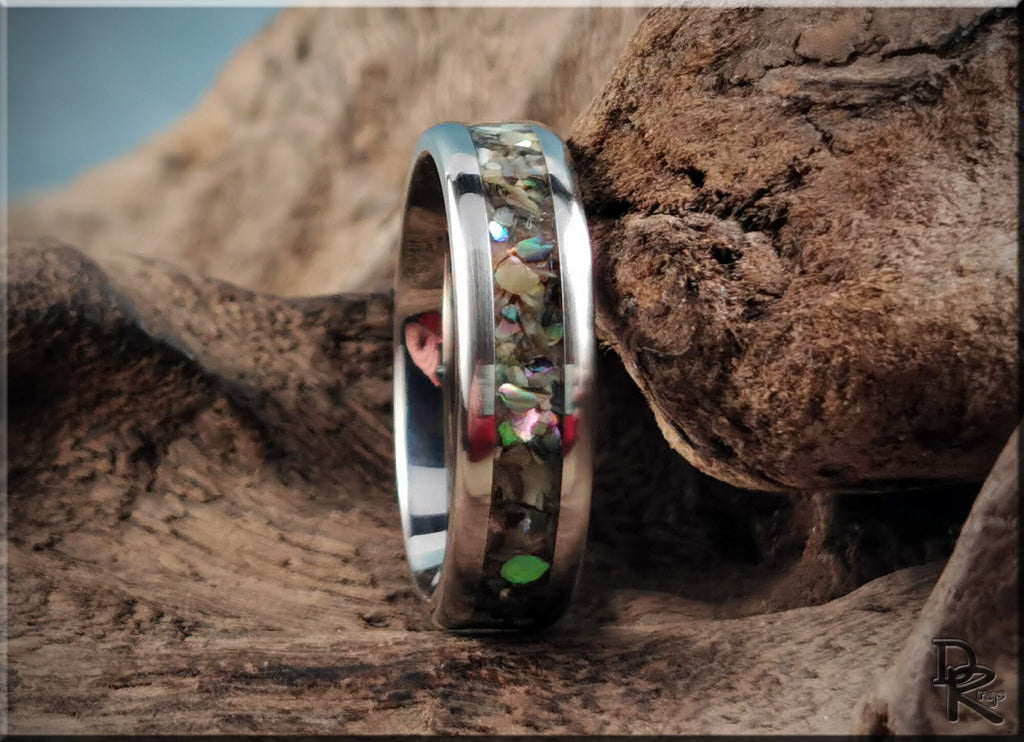DR Rings titanium ring with abalone inlay featuring multicolor shell design on silver band