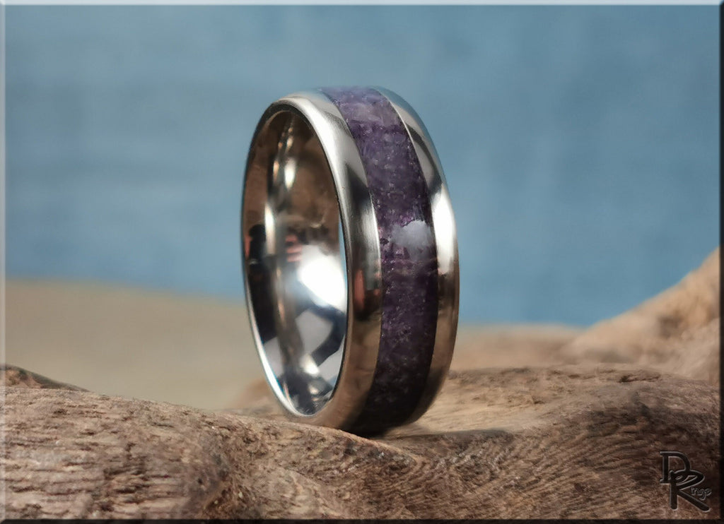DR Rings titanium ring with amethyst inlay featuring polished silver edges and a textured purple center