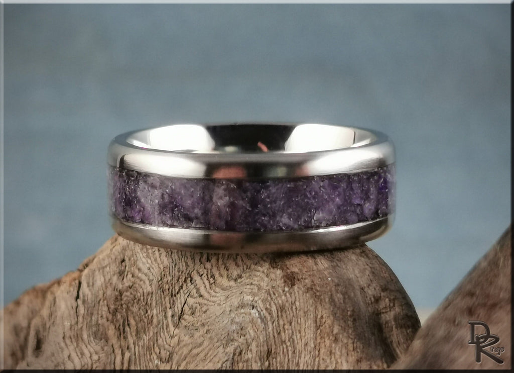DR Rings titanium ring with amethyst inlay featuring purple stone embedded in silver metal band