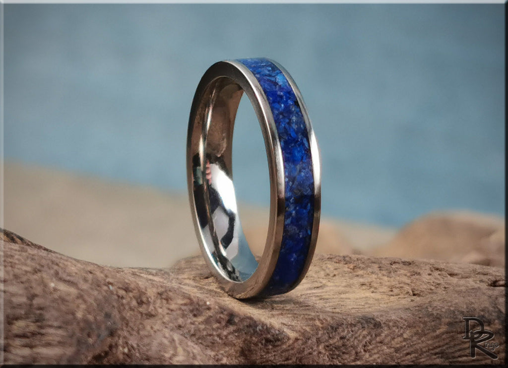 DR Rings titanium ring with lapis featuring a polished silver band and vibrant blue lapis inlay