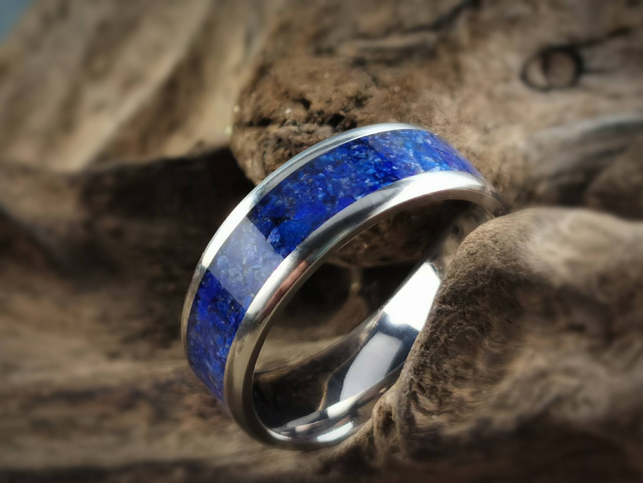 DR Rings titanium ring with lapis featuring bright blue stone inlay and polished silver band