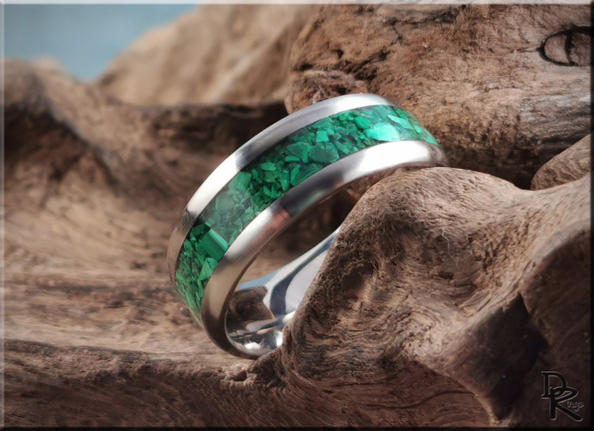 DR Rings titanium ring with malachite inlay featuring vibrant green stone set in polished metal band
