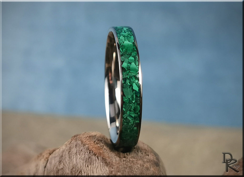 DR Rings titanium ring with malachite inlay featuring vibrant green stone embedded in polished metal band