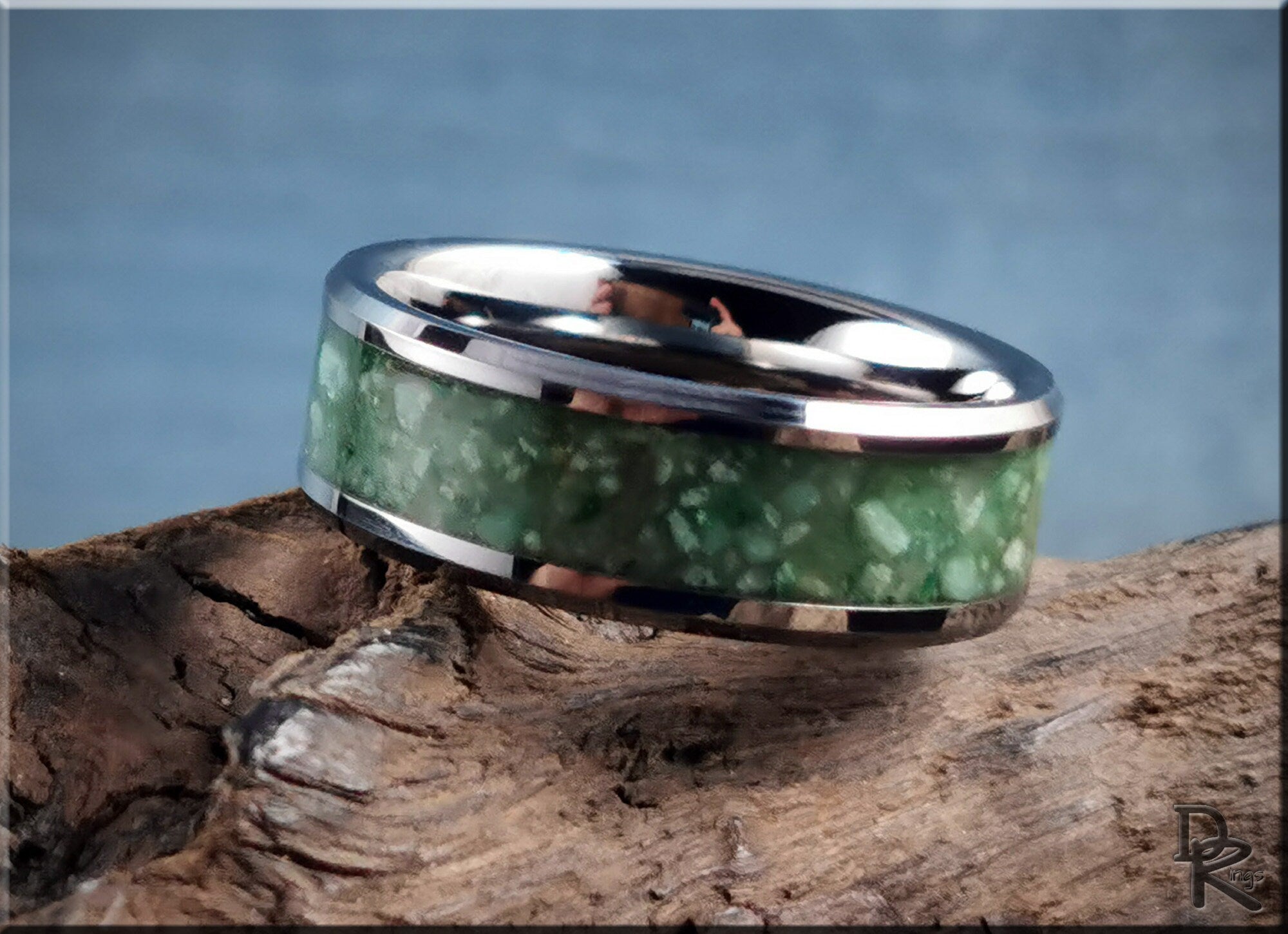 DR Rings tungsten carbide ring with inlay featuring green textured center band and polished edges