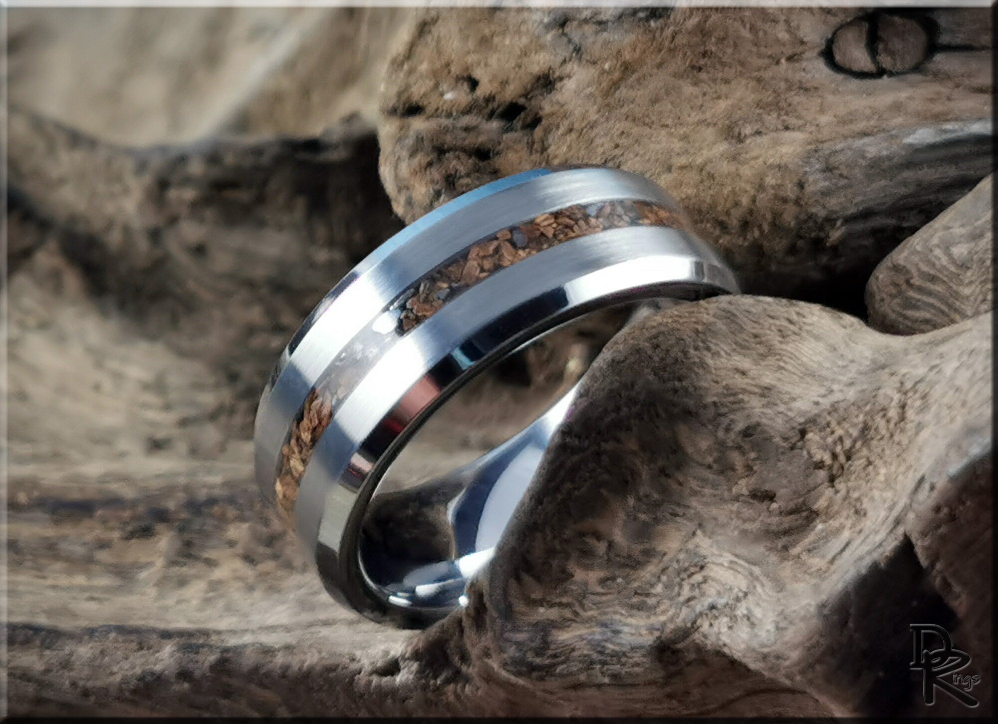 DR Rings tungsten carbide ring with inlay featuring a polished metal finish and wood grain detail