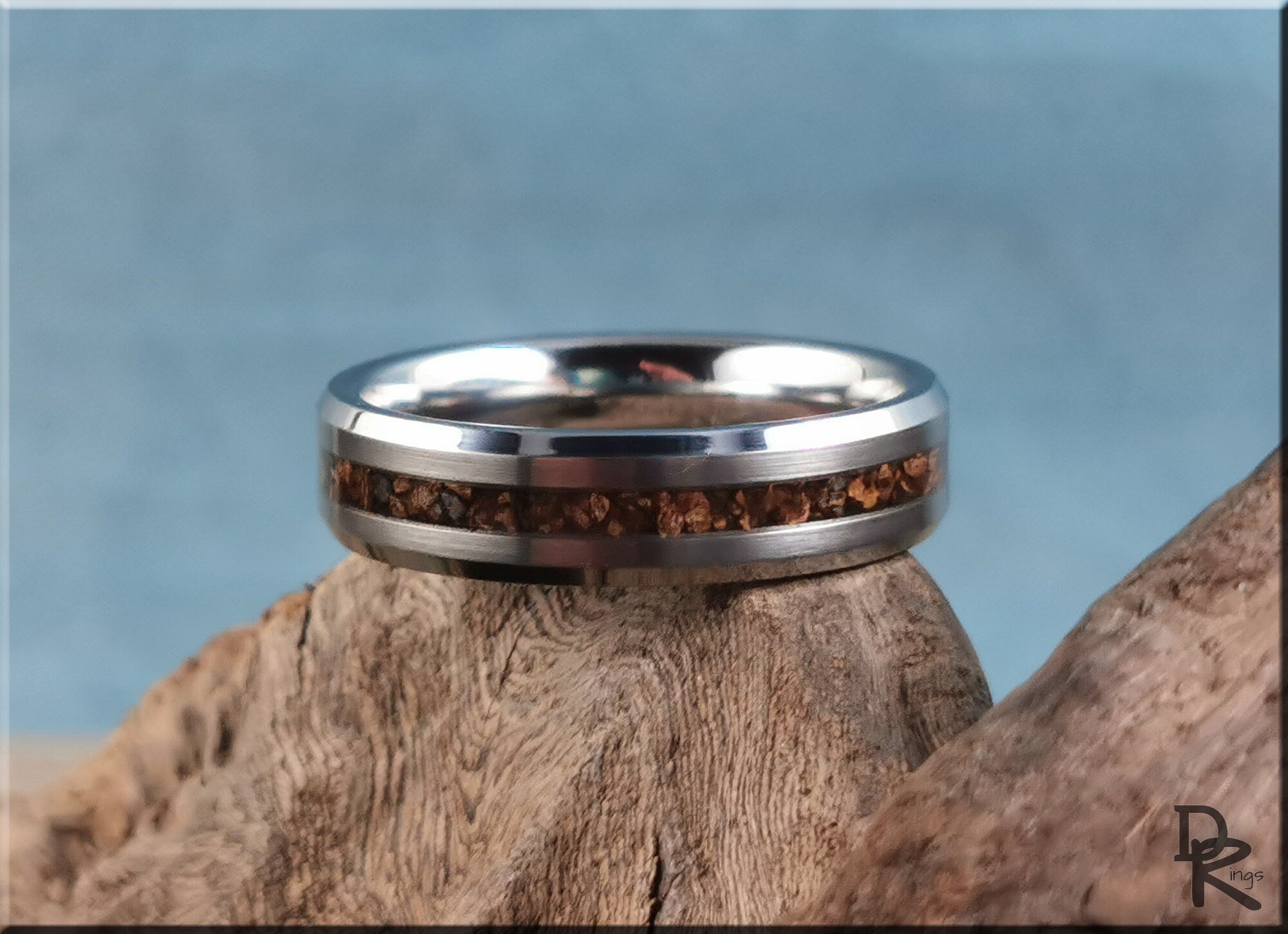 DR Rings tungsten carbide ring with inlay featuring a metallic silver band and a brown textured center strip