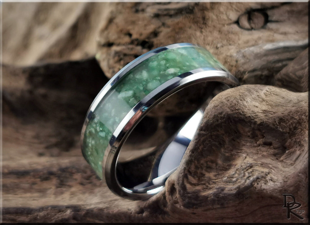 Tungsten carbide ring with inlay featuring green stone set in polished silver band by DR Rings