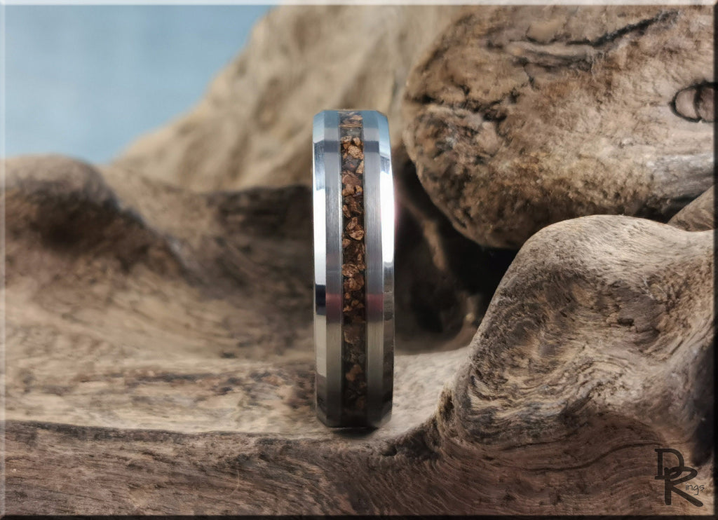 DR Rings tungsten carbide ring with inlay featuring rustic wood design on a polished silver band