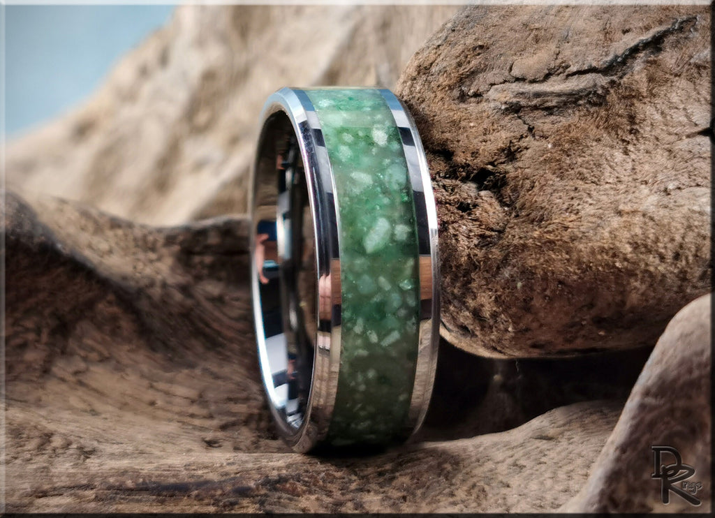 DR Rings tungsten carbide ring with inlay featuring green stone center and polished silver edges