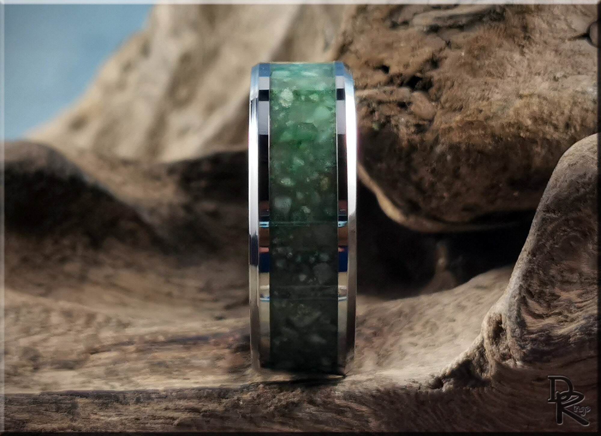 DR Rings tungsten carbide ring with inlay featuring green textured stone design