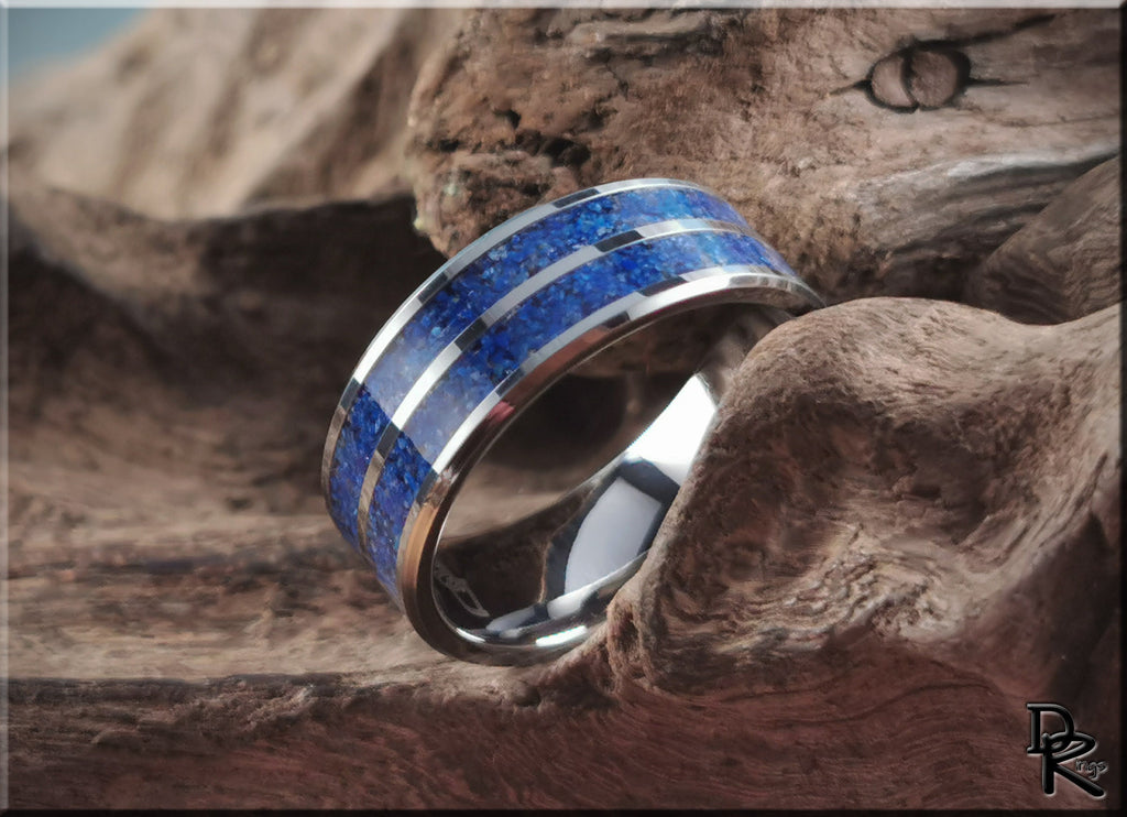 Tungsten ring with lapis lazuli blue stone inlay and polished silver edges by DR Rings