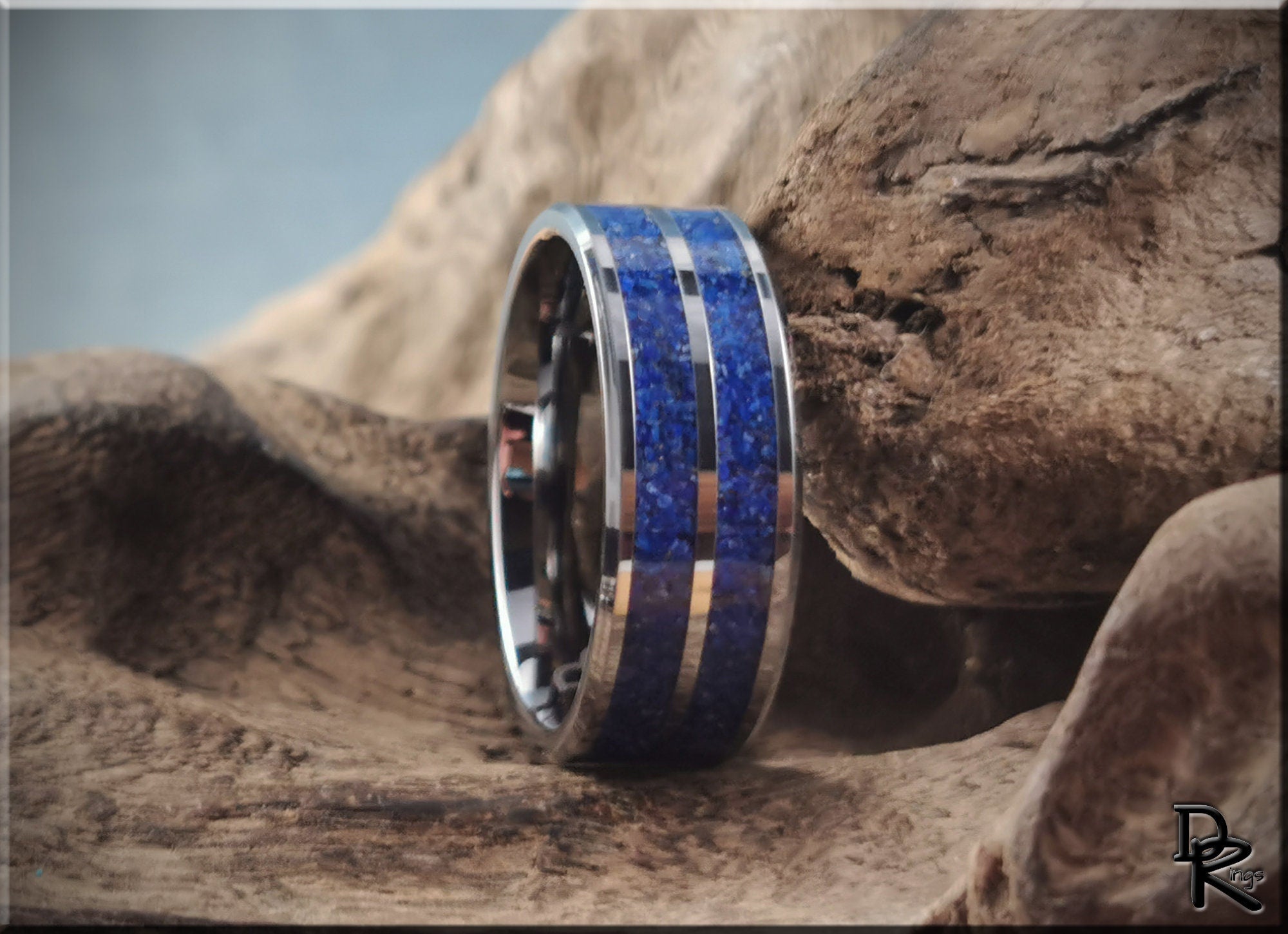 Tungsten ring with lapis lazuli inlay featuring vibrant blue stone bands by DR Rings