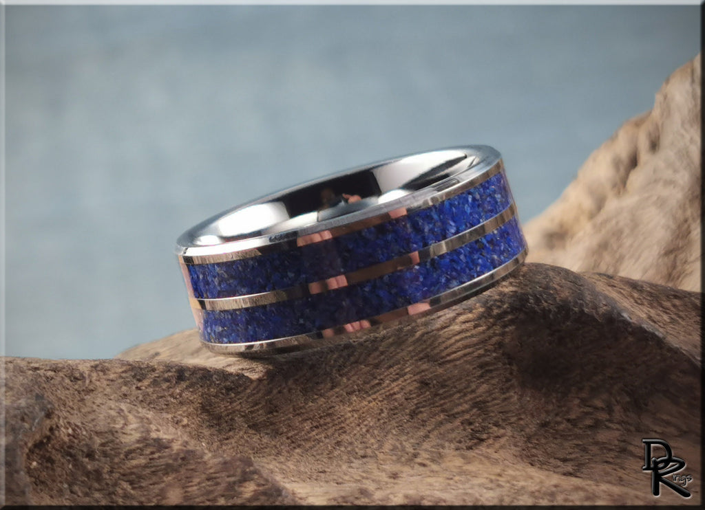 DR Rings tungsten ring with lapis lazuli featuring a polished silver band and deep blue stone inlay