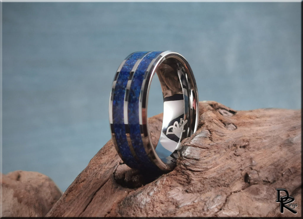 DR Rings tungsten ring with lapis lazuli inlay displayed on rustic wooden surface